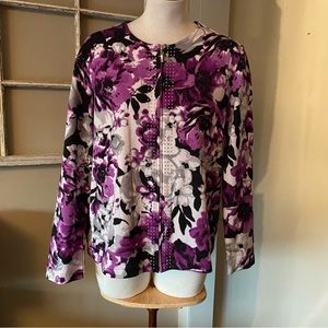 Floral zip up cardigan with rhinestone embellishments by TanJay